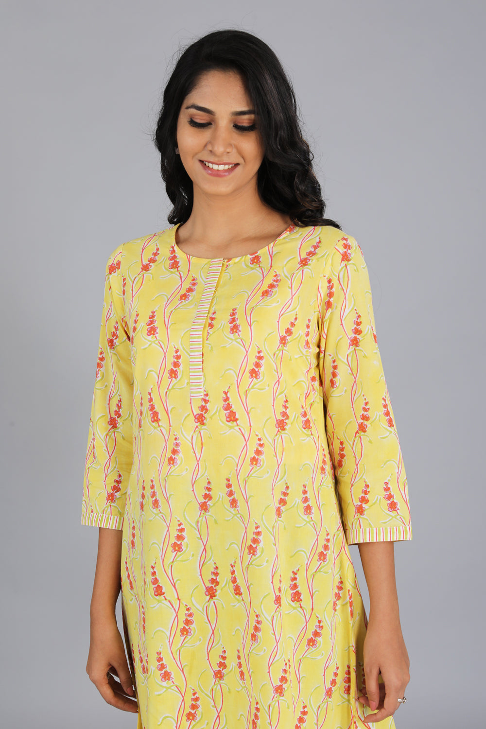 Handblock printed yellow kurti