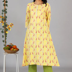 Handblock printed yellow kurti