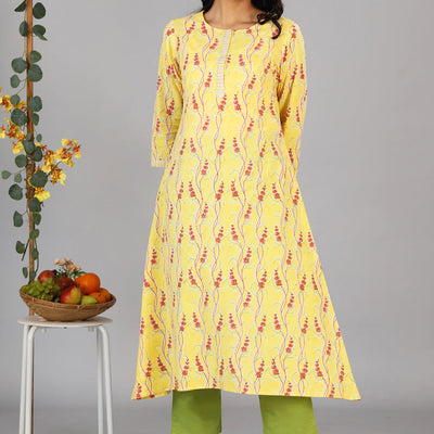 Handblock printed yellow kurti