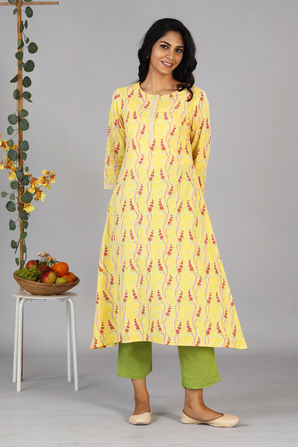 Handblock printed yellow kurti