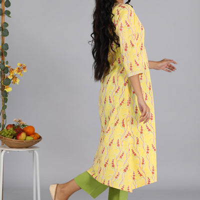 Handblock printed yellow kurti