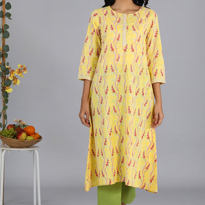 Handblock printed yellow kurti