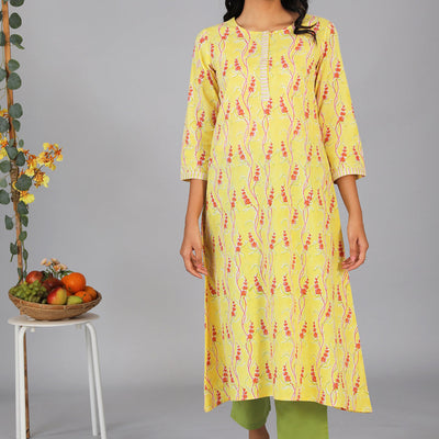 Handblock printed yellow kurti