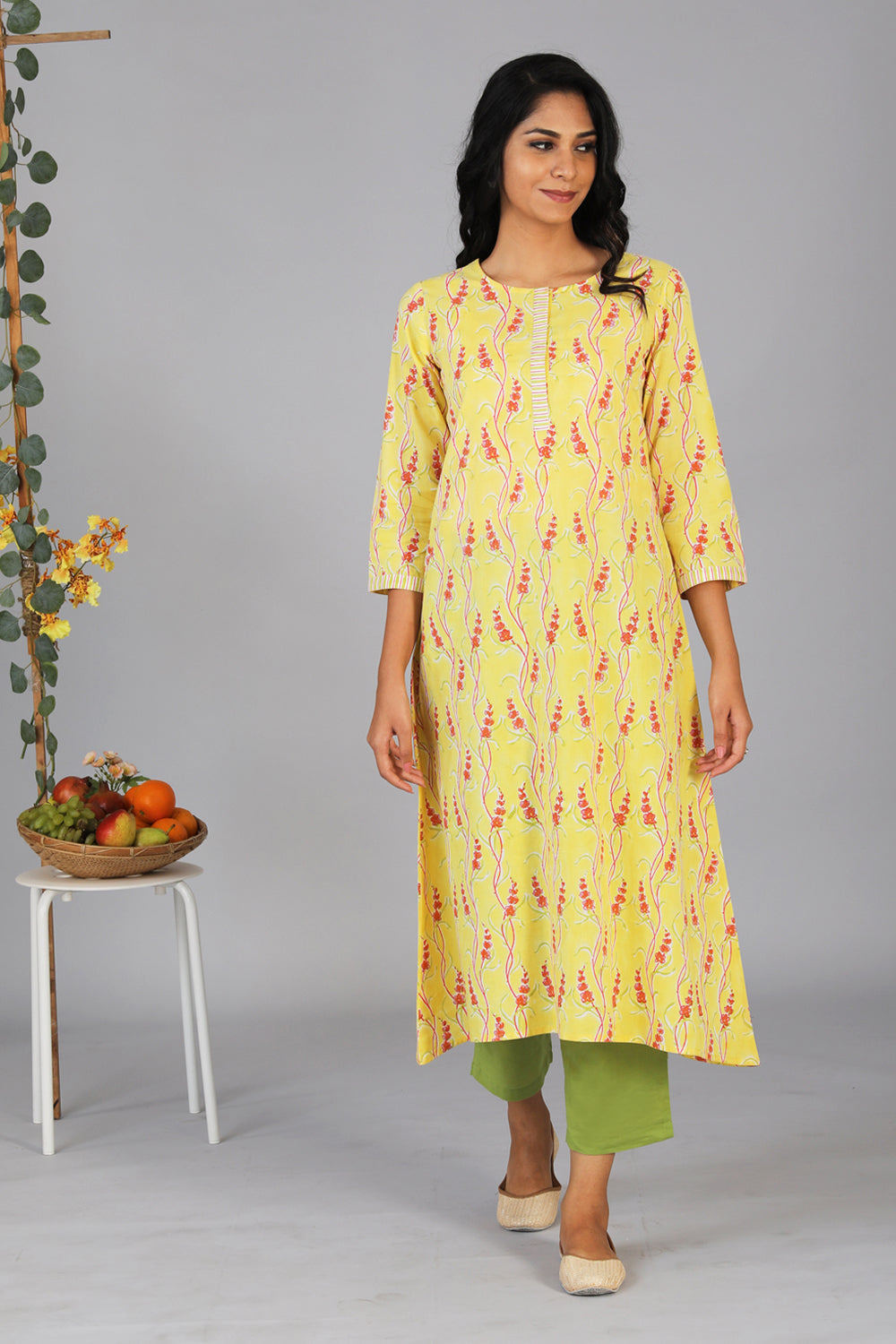Handblock printed yellow kurti