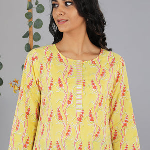 Handblock printed yellow kurti