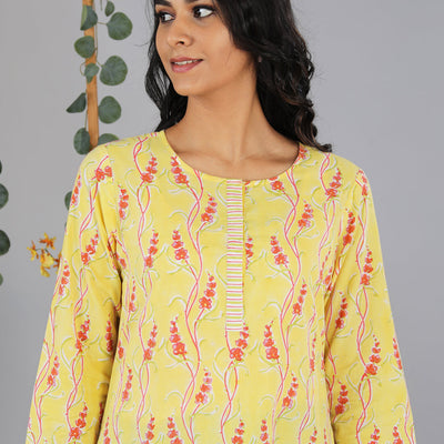 Handblock printed yellow kurti