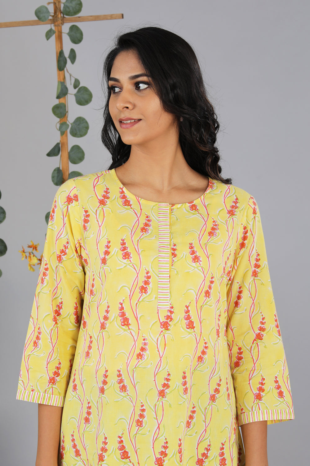 Handblock printed yellow kurti