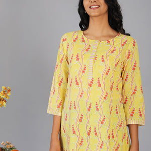 Handblock printed yellow kurti