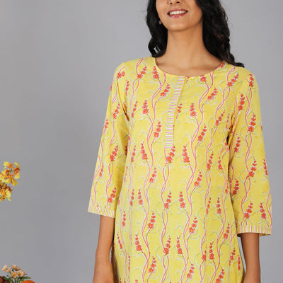 Handblock printed yellow kurti