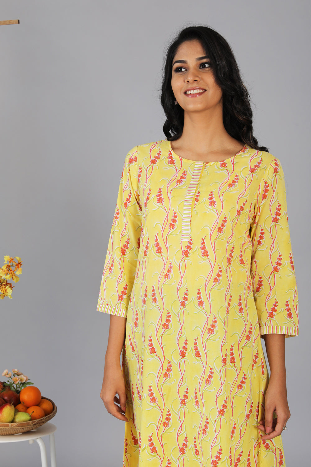 Handblock printed yellow kurti