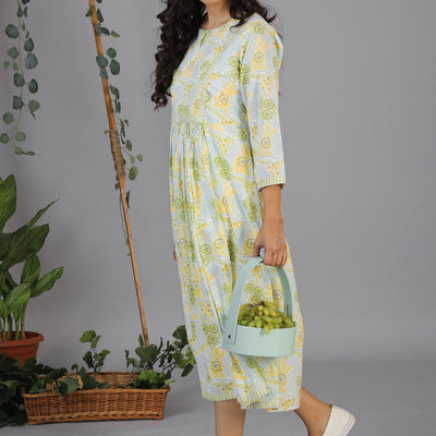Handblock printed gathered dress