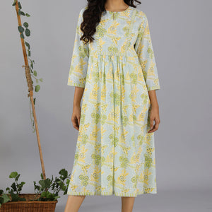 Handblock printed gathered dress