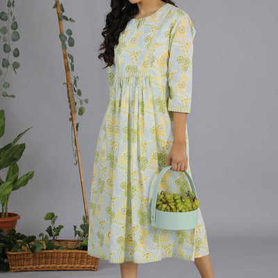 Handblock printed gathered dress