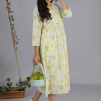 Handblock printed gathered dress
