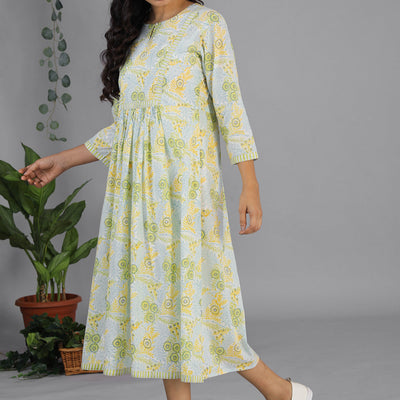 Handblock printed gathered dress