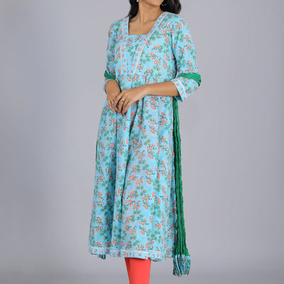 Handblock printed Anarkali and dupatta set