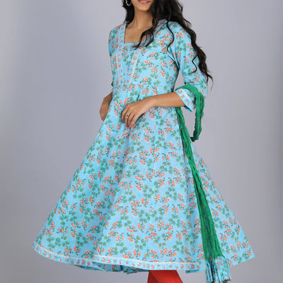 Handblock printed Anarkali and dupatta set