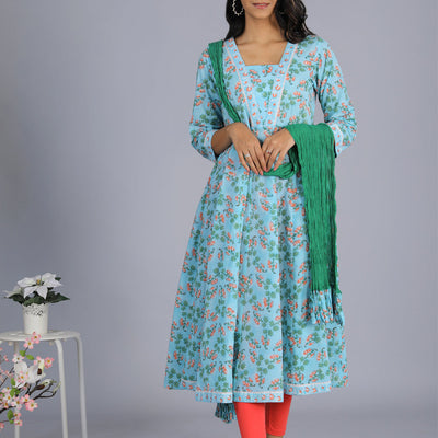 Handblock printed Anarkali and dupatta set