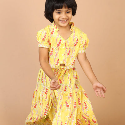 Girls' tiered cotton block printed  shirt and top set