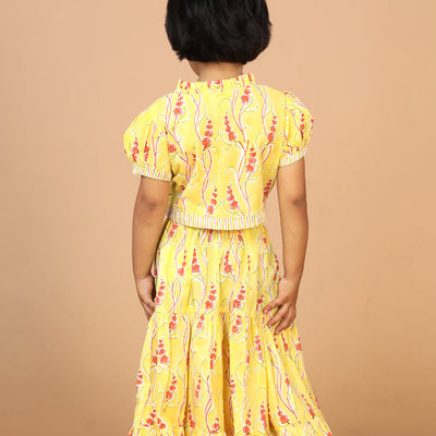 Girls' tiered cotton block printed  shirt and top set