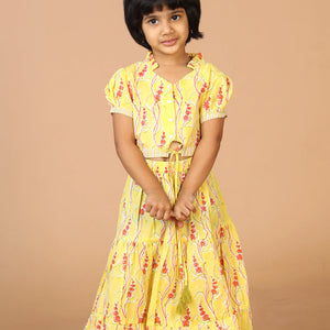 Girls' tiered cotton block printed  shirt and top set