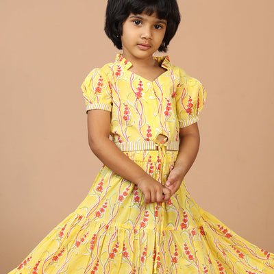 Girls' tiered cotton block printed  shirt and top set