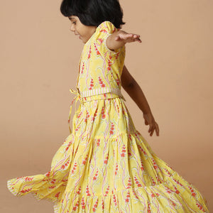 Girls' tiered cotton block printed  shirt and top set