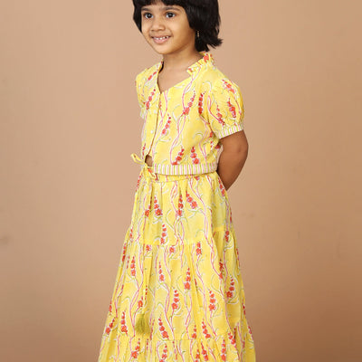 Girls' tiered cotton block printed  shirt and top set