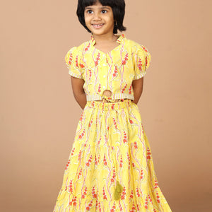 Girls' tiered cotton block printed  shirt and top set