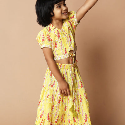 Girls' tiered cotton block printed  shirt and top set