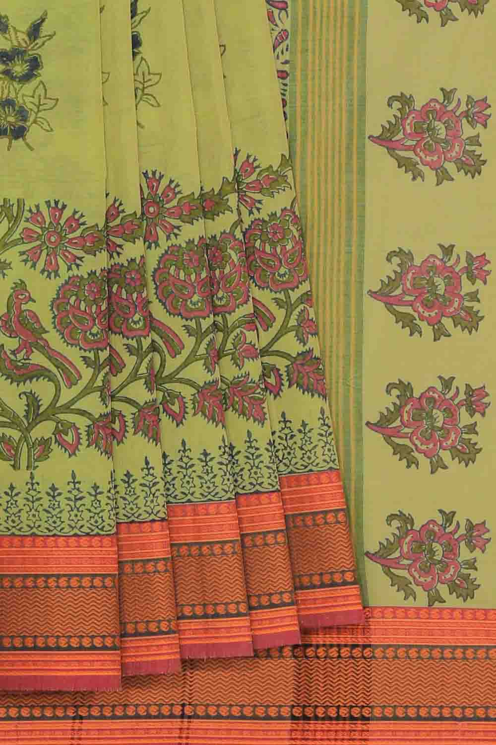 Hand block printed cotton saree