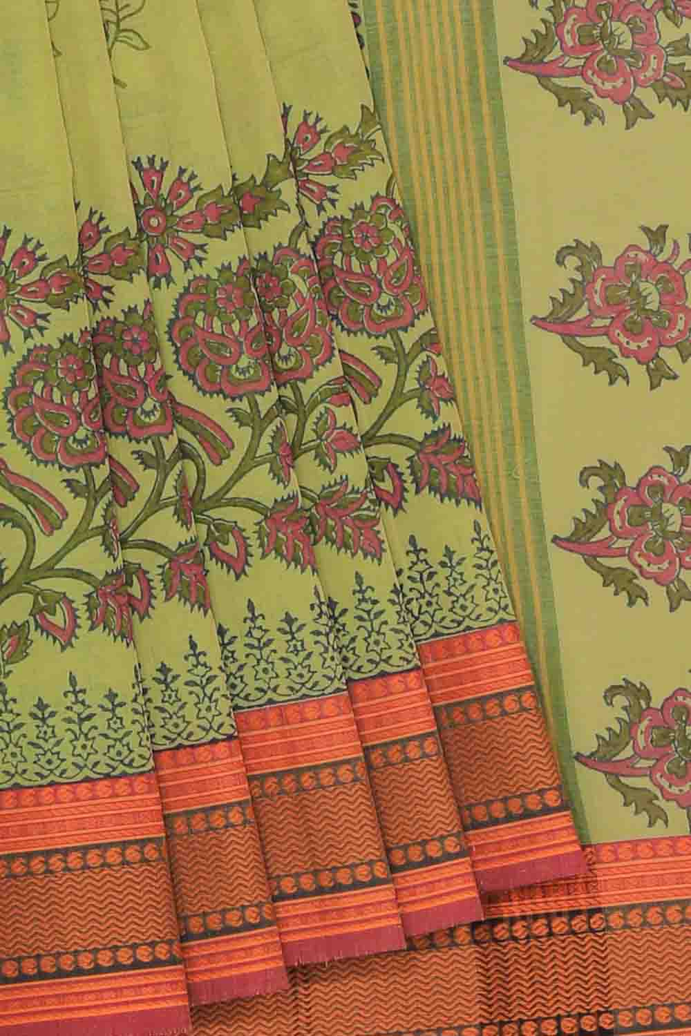 Hand block printed cotton saree