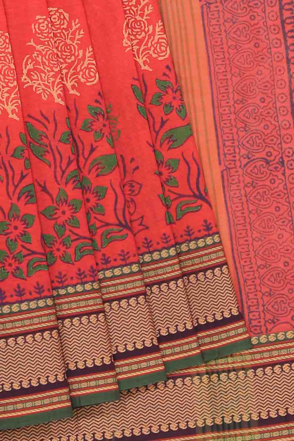 Hand block printed cotton saree