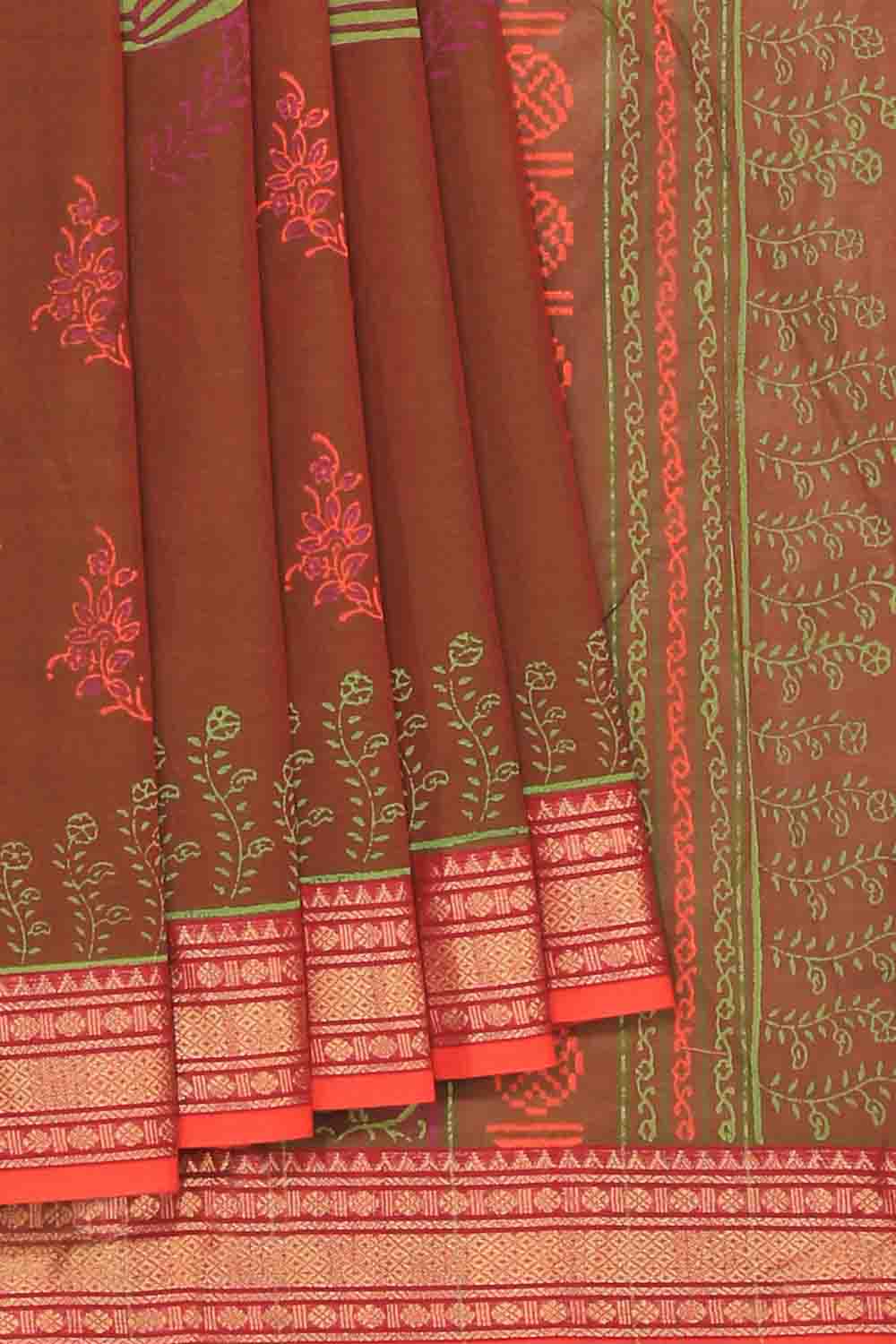 Hand block printed cotton saree