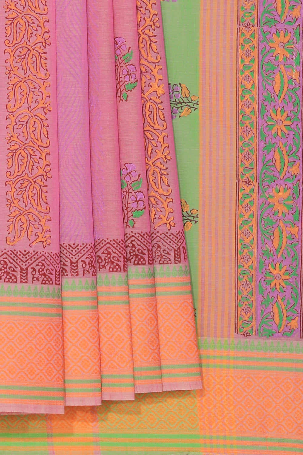 Hand block printed cotton saree