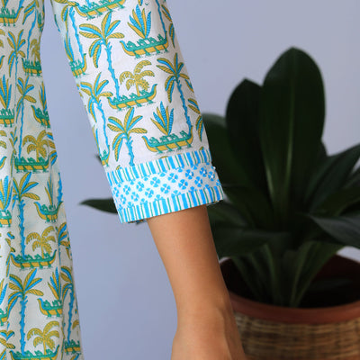 Handblock Printed A-line Kurti with pants set