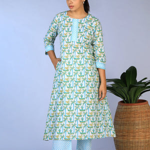 Handblock Printed A-line Kurti with pants set