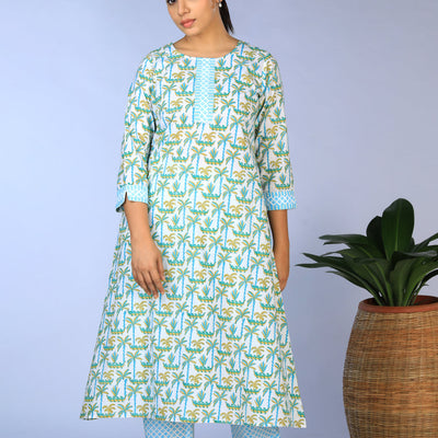 Handblock Printed A-line Kurti with pants set