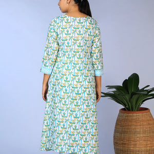 Handblock Printed A-line Kurti with pants set