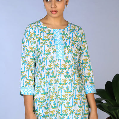 Handblock Printed A-line Kurti with pants set