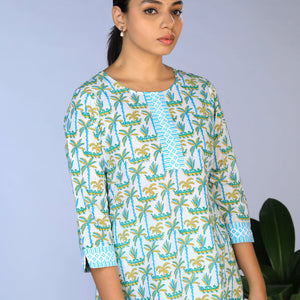Handblock Printed A-line Kurti with pants set