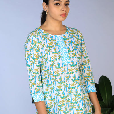 Handblock Printed A-line Kurti with pants set