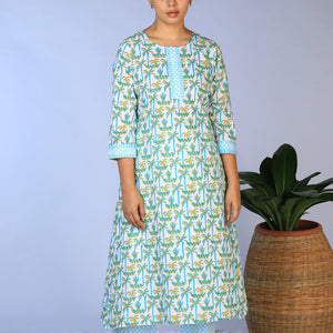 Handblock Printed A-line Kurti with pants set