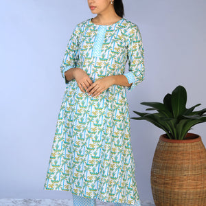 Handblock Printed A-line Kurti with pants set