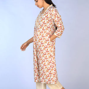 Handblock Printed A-line Kurti with pants set