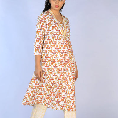 Handblock Printed A-line Kurti with pants set