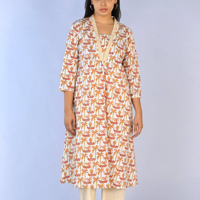 Handblock Printed A-line Kurti with pants set