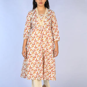 Handblock Printed A-line Kurti with pants set