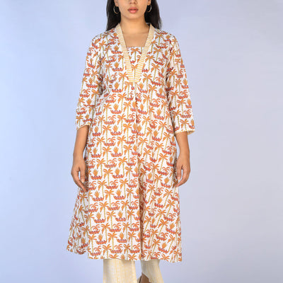 Handblock Printed A-line Kurti with pants set
