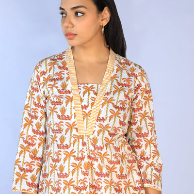 Handblock Printed A-line Kurti with pants set